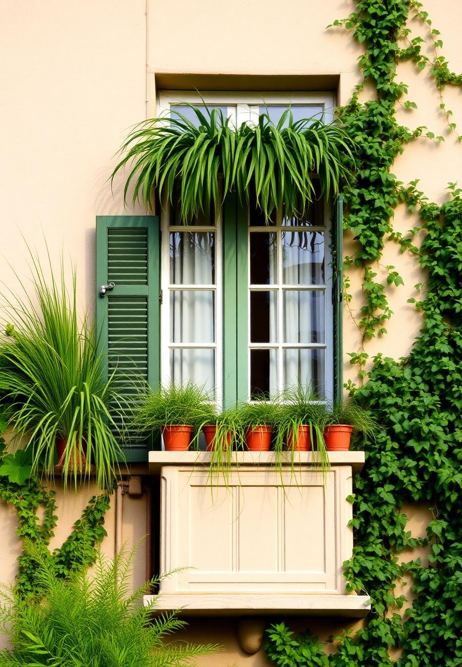 Balcon végétalisé avec jardinières et plantes grimpantes
