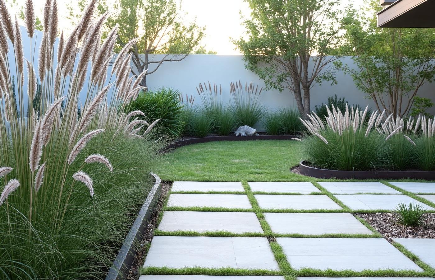 Jardin minimaliste avec graminées et dallage en pierre claire