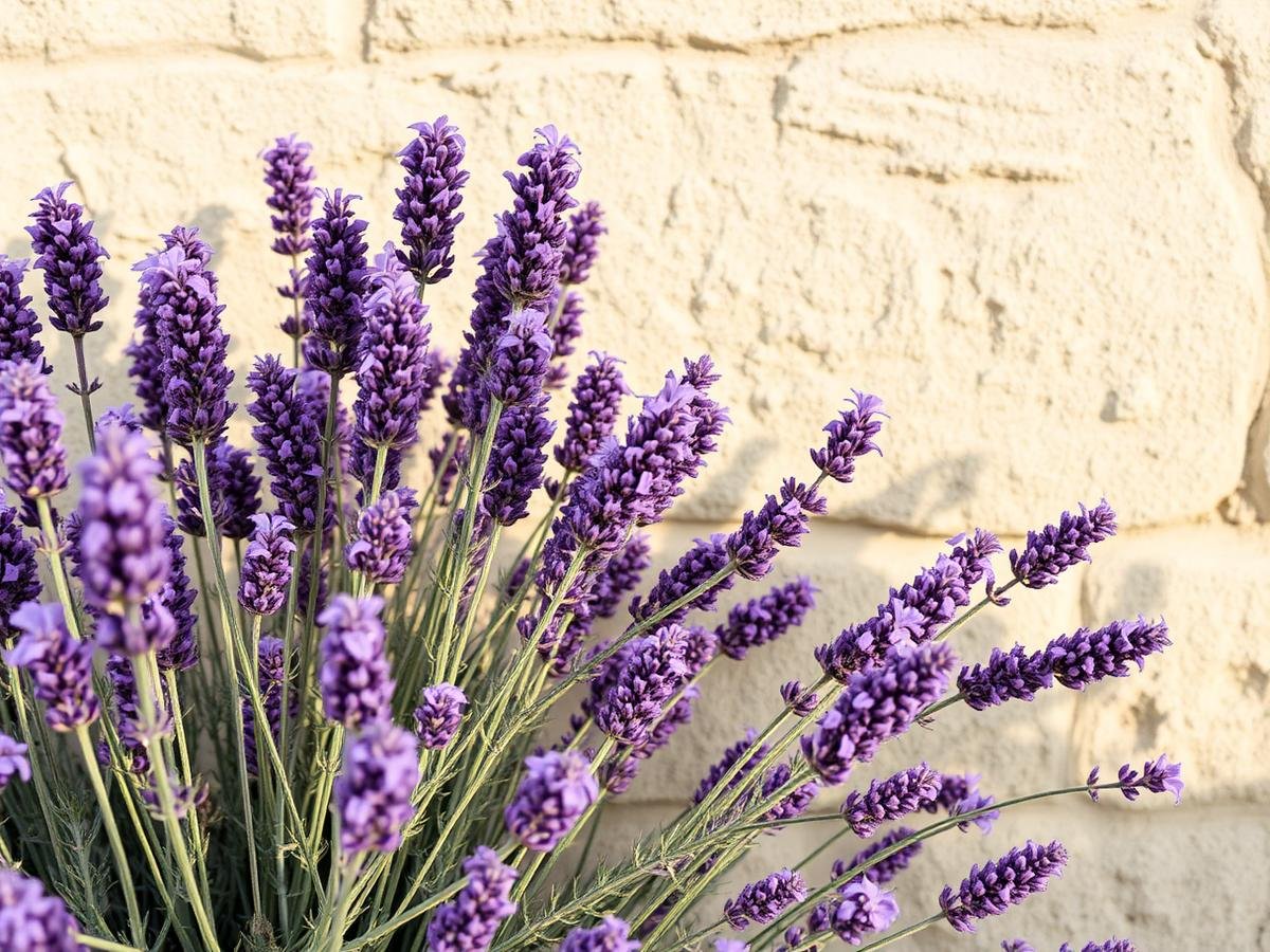 Lavandes en fleurs devant un mur en pierre calcaire