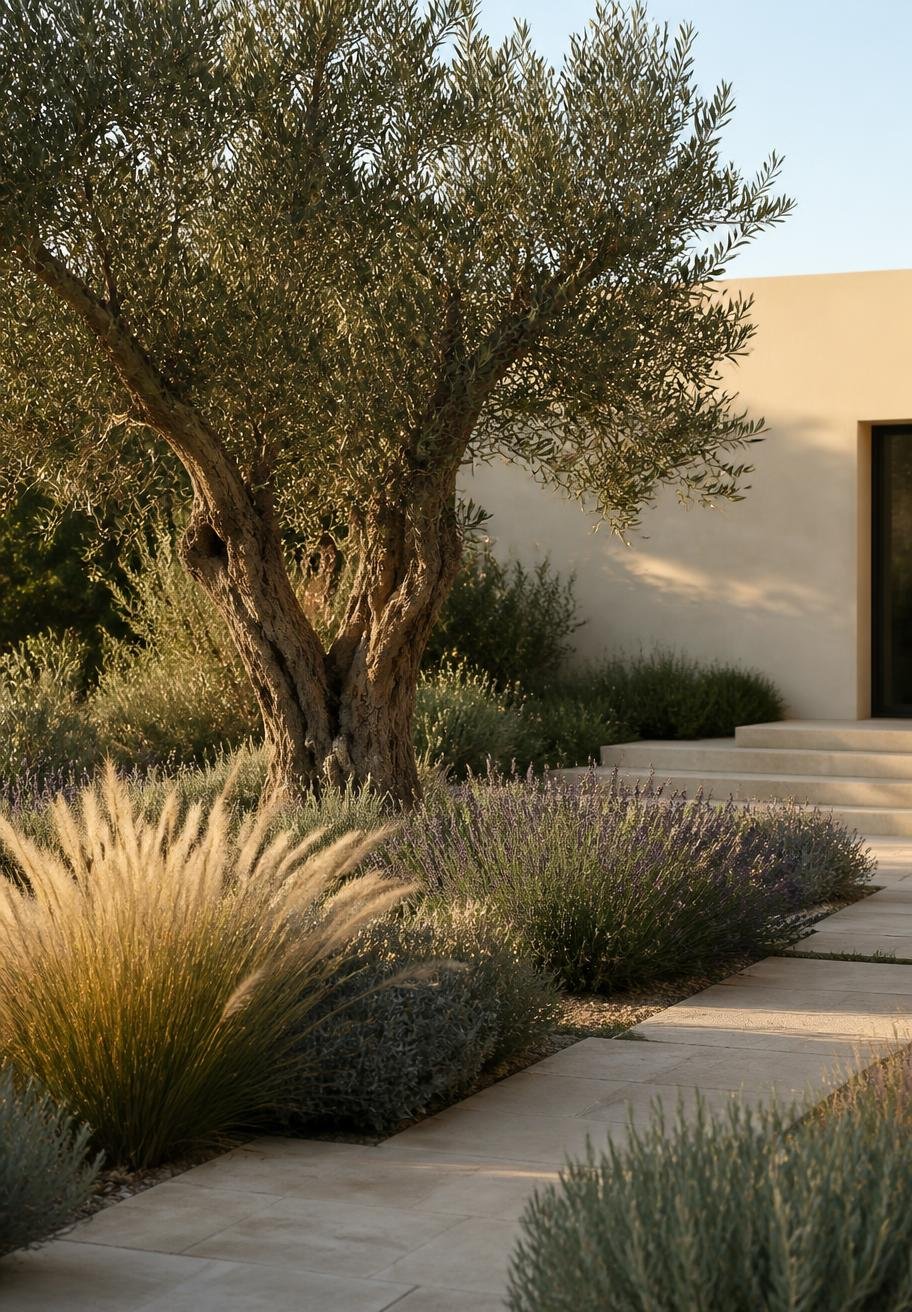 Jardin méditerranéen contemporain avec olivier, lavandes et graminées près de Villeneuve-lès-Avignon