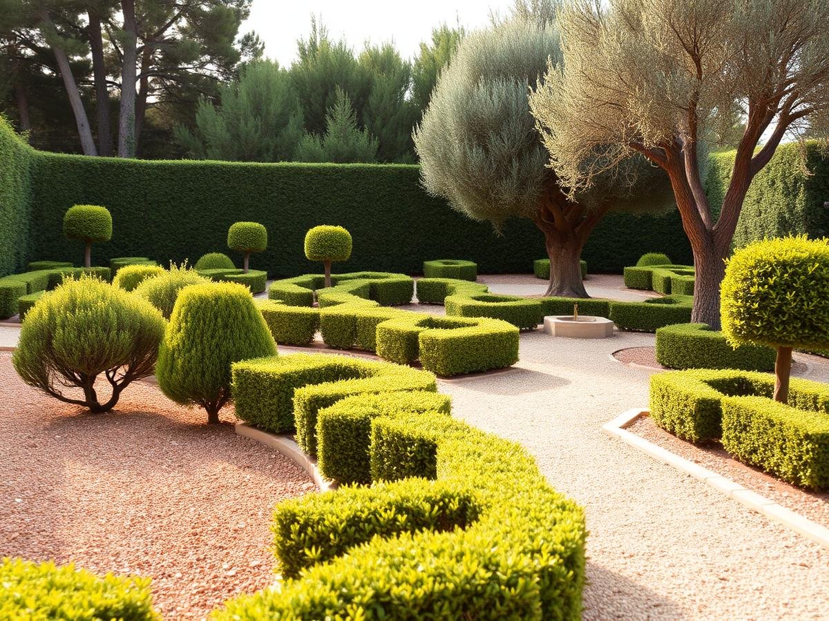 Jardin méditerranéen entretenu avec haies taillées et allée de gravier