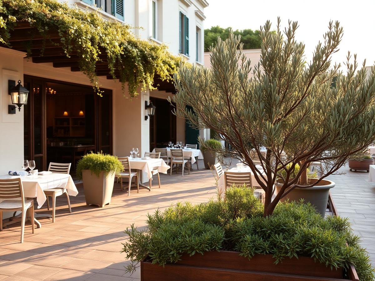 Terrasse de restaurant végétalisée avec oliviers en pots dans le Sud de la France