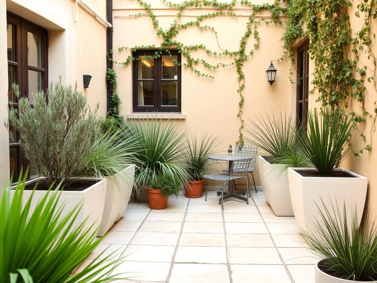 Petite cour intérieure végétalisée avec jardinières et sol en pierre claire